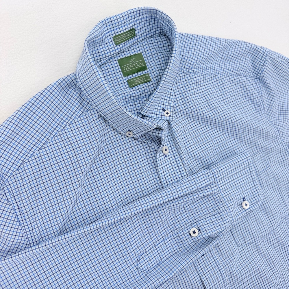 GenTeal Performance Button Down Men Medium Blue Check Stretch Excellent